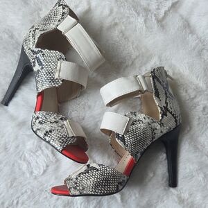 White and Red Stiletto Heels with Snakeskin Pattern
